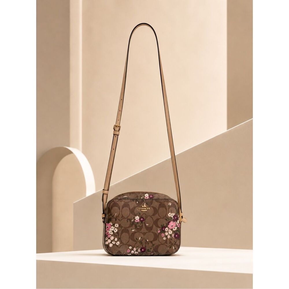 RARE Coach Prairie Floral Signature Camera Crossbody Bag Brown Canvas Leather Tr